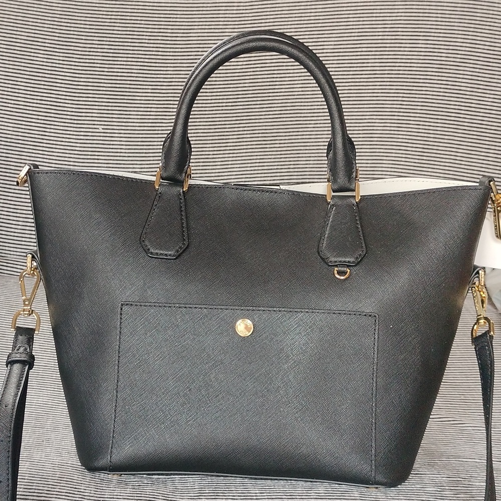Michael Kors black safianno leather Greenwich satchel bag with crossbody…